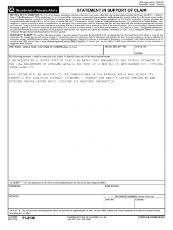 VA Form 21-4138 Printable 📝 Get IRS Form VA 21-4138 2023: Printable PDF ...